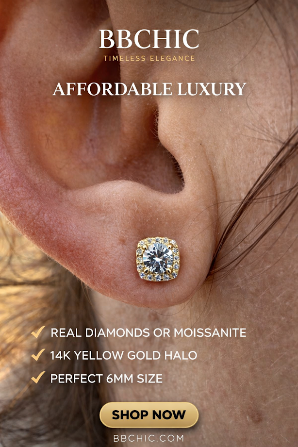 Moissanite Square Halo Stud Earrings in 14K Gold Over 925 Sterling Silver