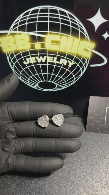 Iced Heart Stud Earrings Men's Ladies Baguette CZ